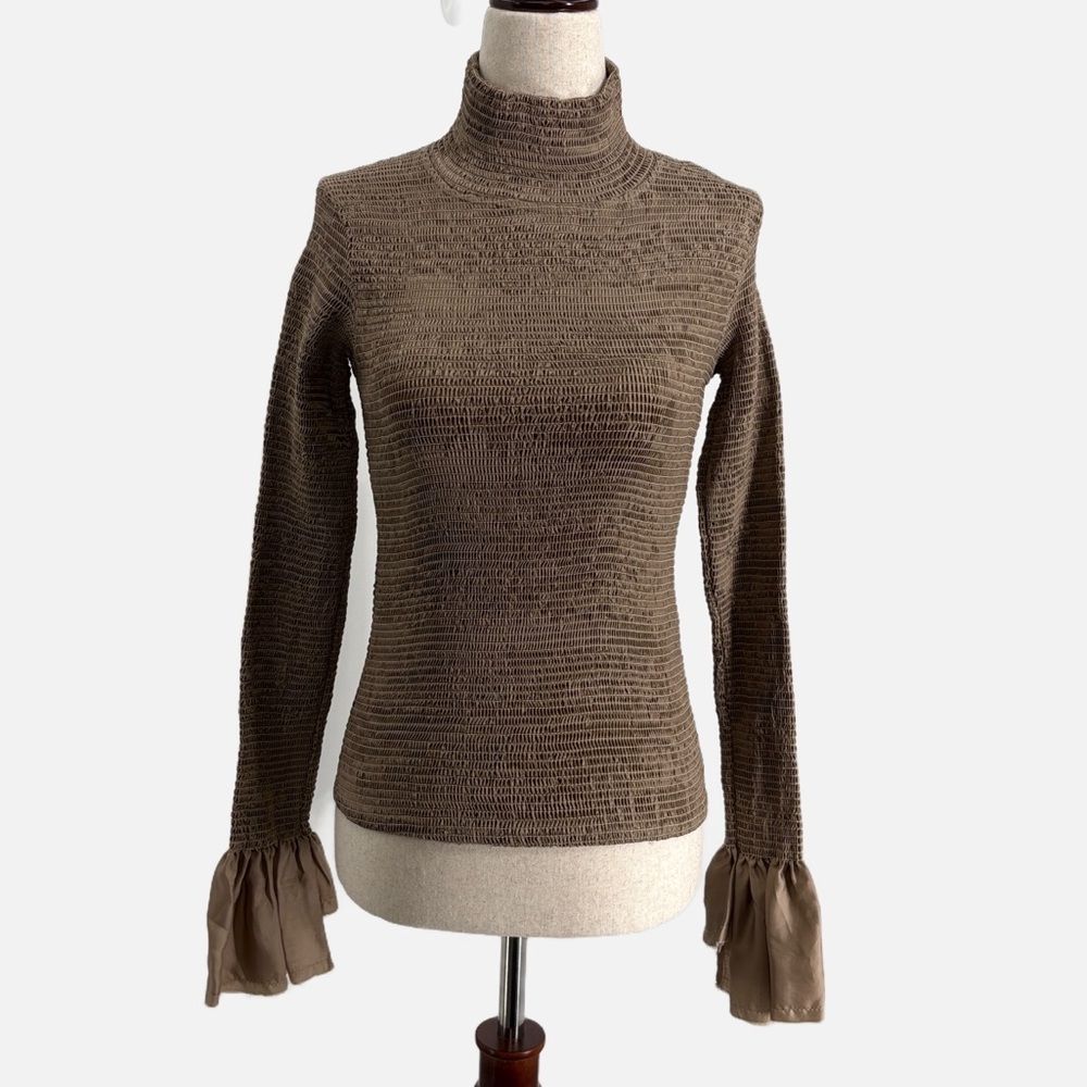 Delfina Balda Fritz Ruched Turtleneck Top in Taupe - Size Small